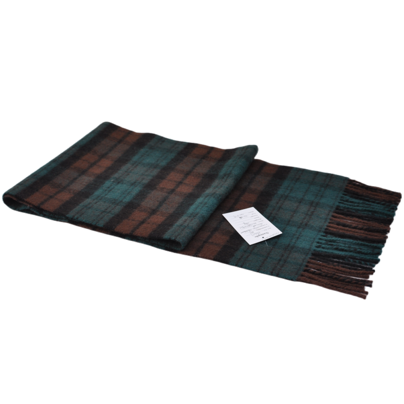 TH2223 wool blend scarf with green brown plaid pattern flat lay product display