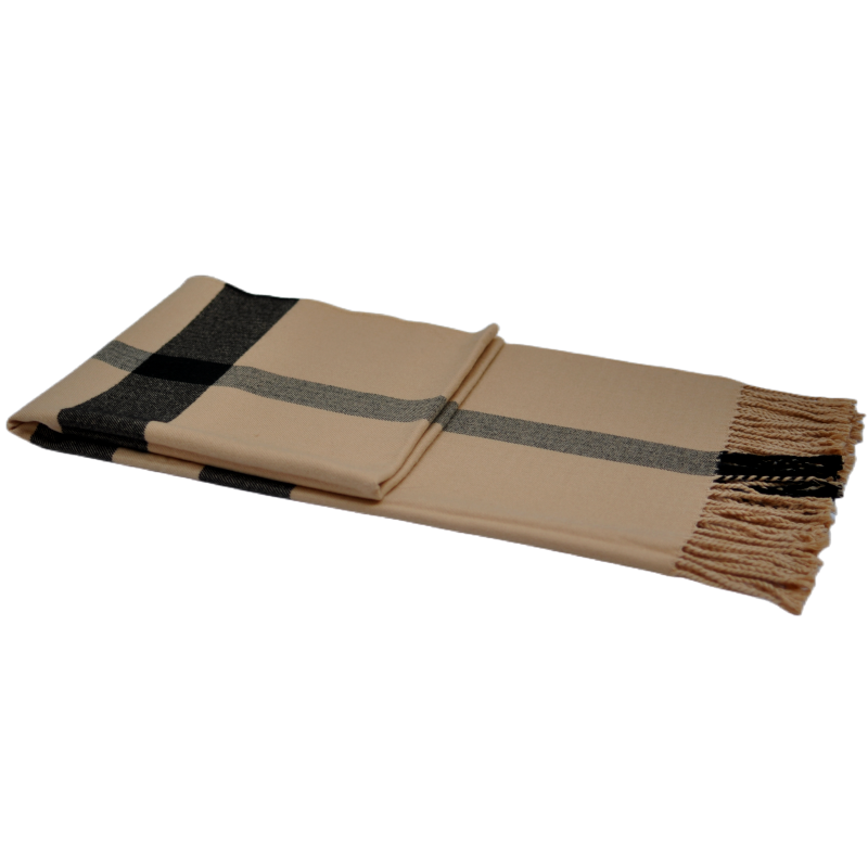 WDX2204 Beige Black Plaid Acrylic Scarf Full Flat Lay 100% Cashmere Feel Winter Scarf