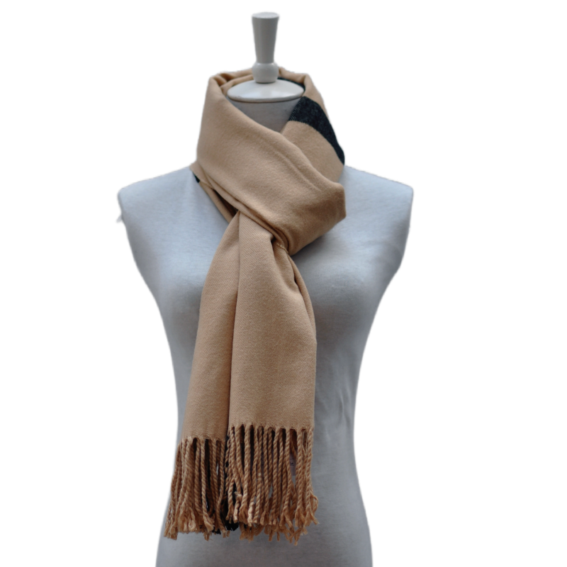 WDX2204 Unisex Beige Plaid Scarf Knotted Style Wearing Effect, Cashmere Feel Acrylic Scarf