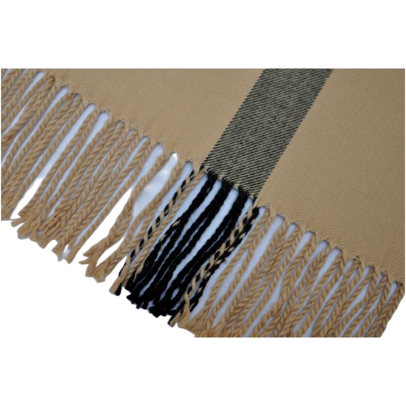 WDX2204 Scarf Tassel Detail Close-Up, Handmade Beige Black Fringe for Winter Scarf 9. Third image (right tag close-up)