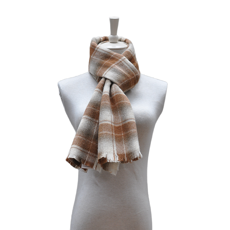 TH2235 Luxury Wool Blend Scarf - Classic Brown and Green Plaid Pattern - 37x183cm