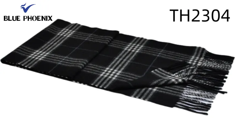 TH2304 Black White Tartan Plaid Wool Cashmere Scarf | Woven Luxury