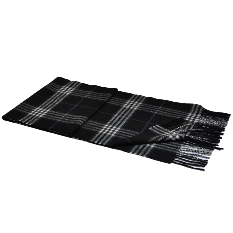 TH2304 black white blue tartan plaid 90% wool 10% cashmere scarf with mixed tassel fringes flat folded white background product photo