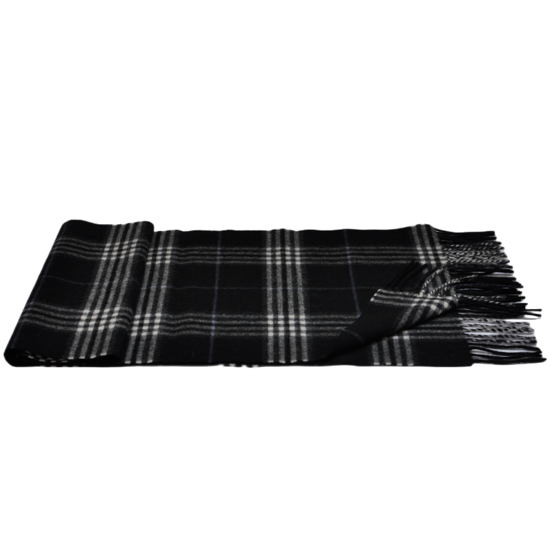 Middle folded black check wool cashmere blend scarf two-tone fringed edge plain white background product shot