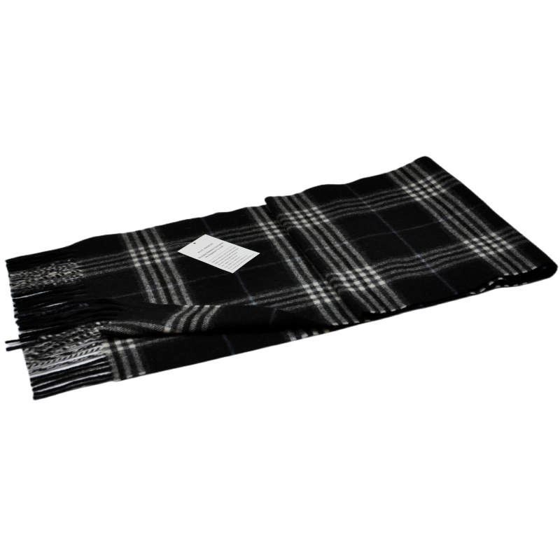 Reverse folded side black grid plaid wool cashmere scarf with brand label tassel detail white background flat product image