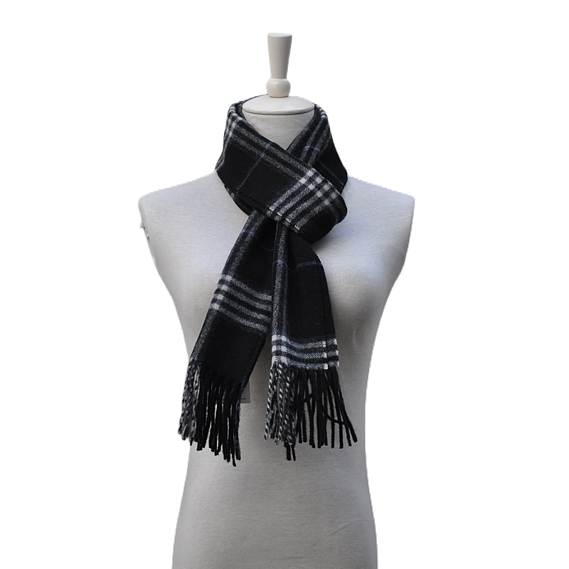 Black tartan wool cashmere scarf simple knot style display on grey torso mannequin bust white background fashion picture