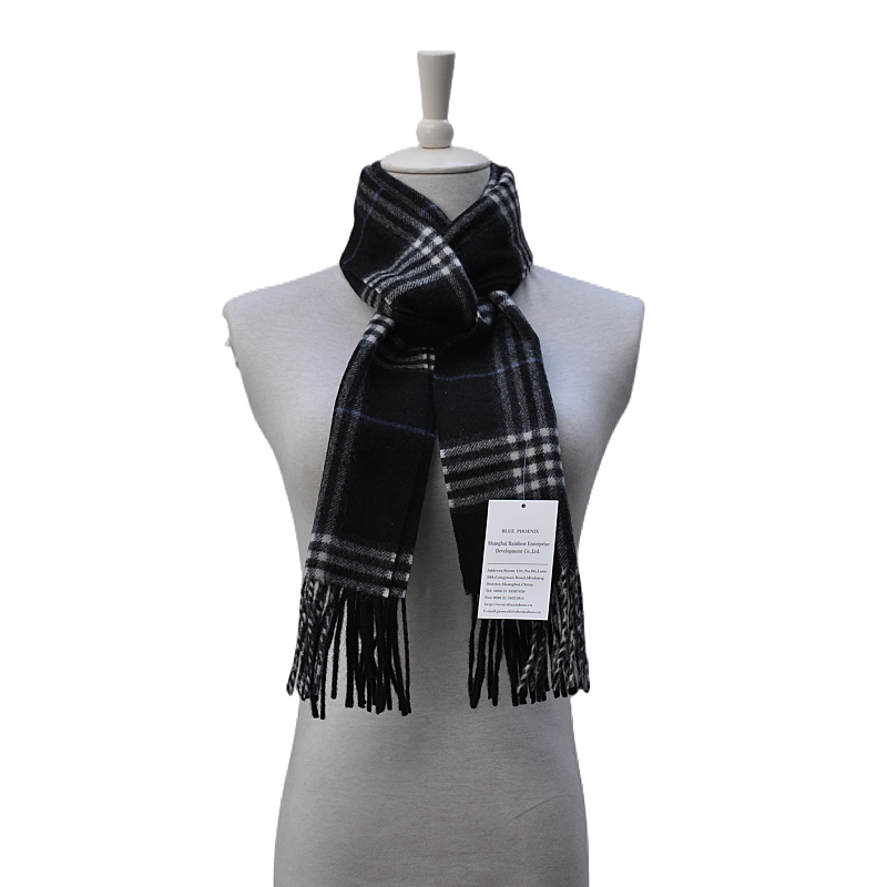 Black white blue check wool cashmere scarf cross tie wearing shot on dress form with paper hang tag fashion product image