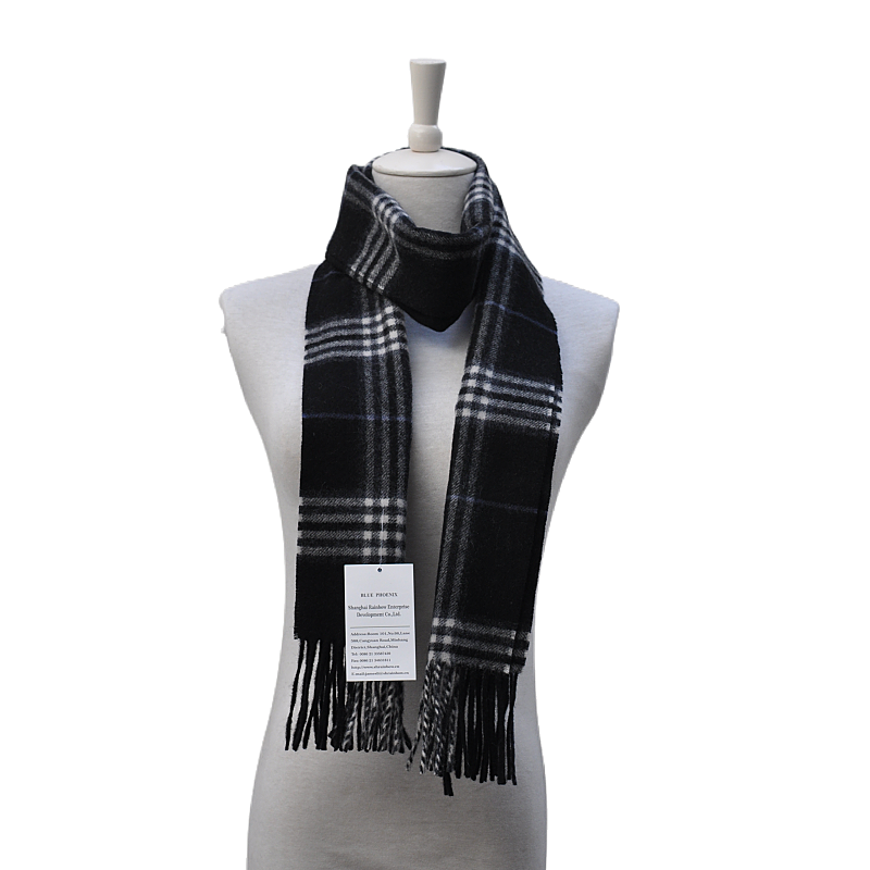 Long hanging style black plaid wool cashmere fringed scarf shown on grey torso mannequin brand tag attached