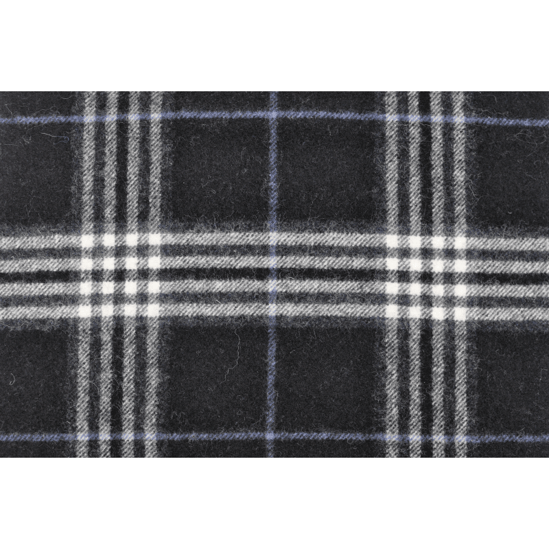 Close up full surface texture black white blue tartan grid woven twill wool cashmere scarf fabric detail