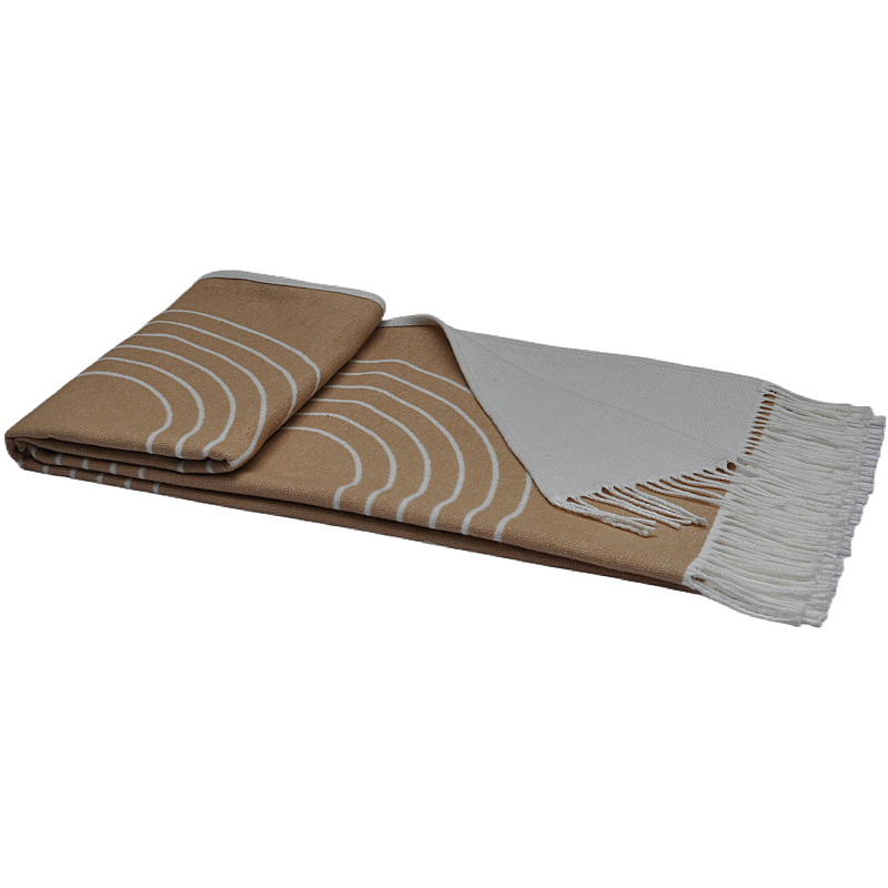 Folded 100% organic cotton throw blanket TDX2135, camel and white mélange, product side view