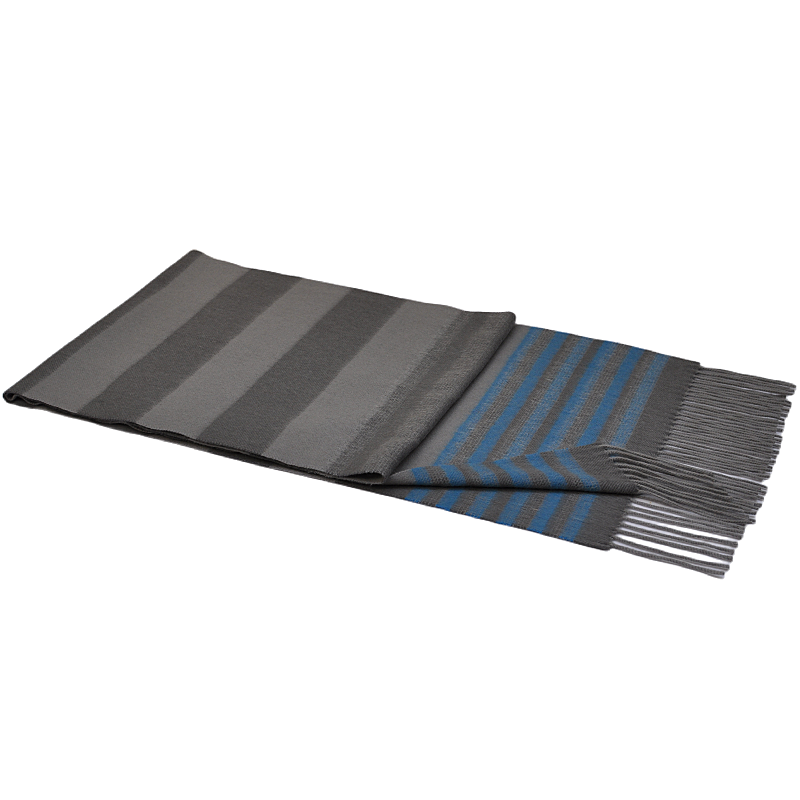 Folded 100% Merino wool long fashion scarf WAZ1902-A, grey and blue horizontal stripes