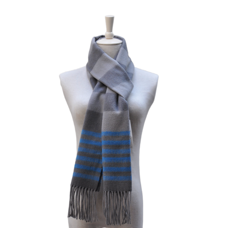 Luxury grey and blue striped Merino wool scarf WAZ1902-A worn by a female model
