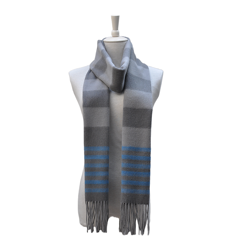 Close-up of WAZ1902-A premium striped Merino wool fashion scarf on a model, highlighting the texture and fit,