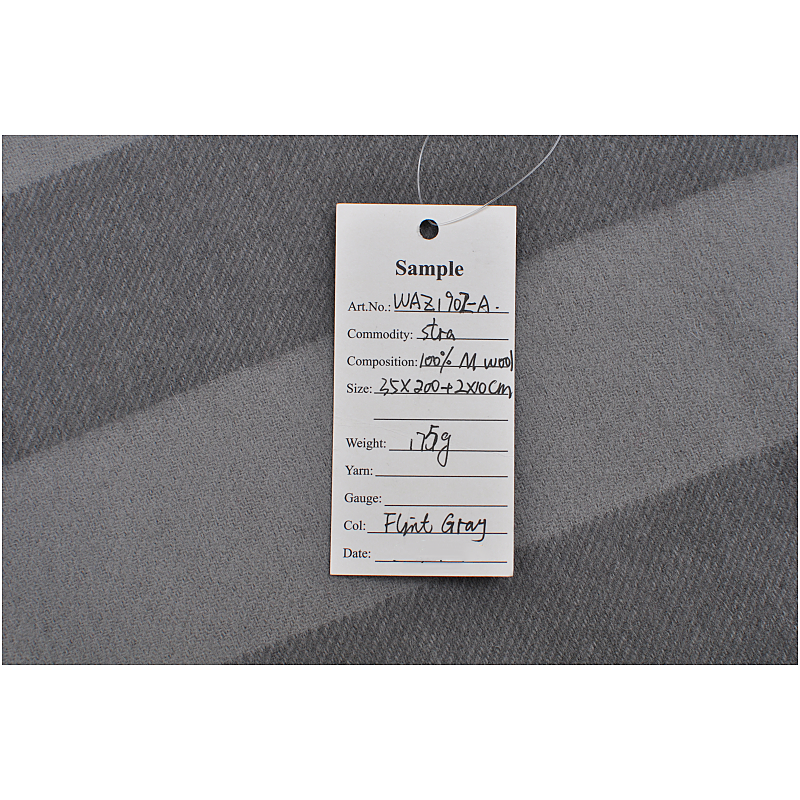 Product specification tag with technical data for WAZ1902-A 100% Merino wool long scarf, view 9