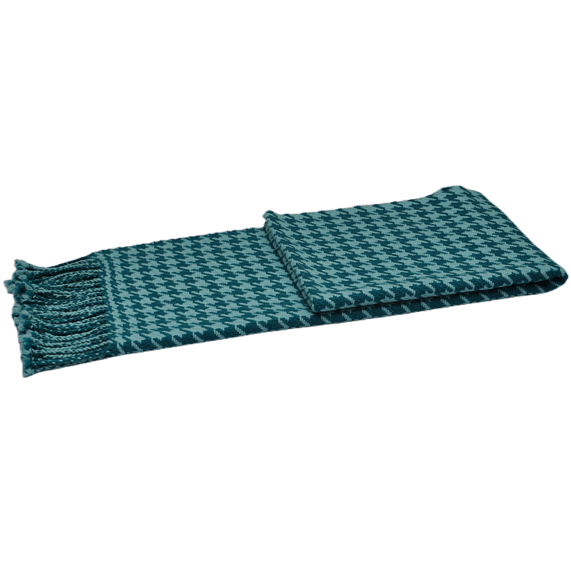 vintage teal check scarf WDH2214 pompom tassel edge wool blend wrap