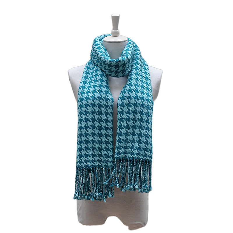 full view fringed houndstooth scarf WDH2214 vintage teal check winter fashion wrap
