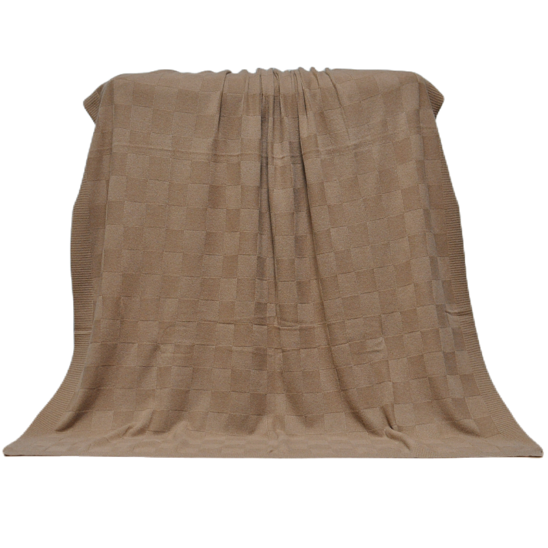 TH15A0901 cashmere knit throw hanging, displaying full size and solid brown checkered texture