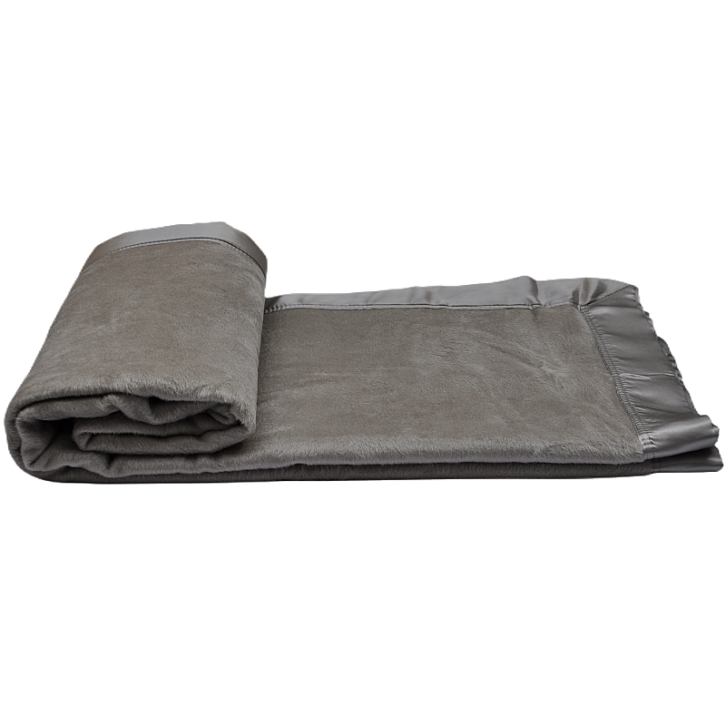 teh2301 mulberry silk cotton woven bed blanket draped in three views showing smooth grey surface and wide satin binding