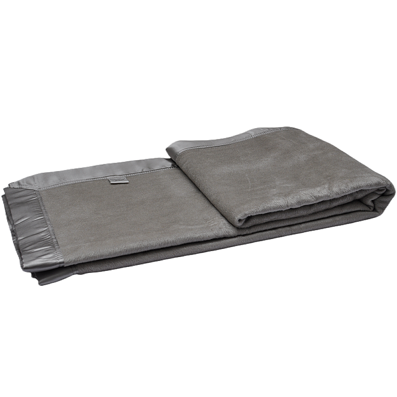teh2301 silk cotton blanket close up showing grey woven surface satin binding reinforced corner and product specification label
