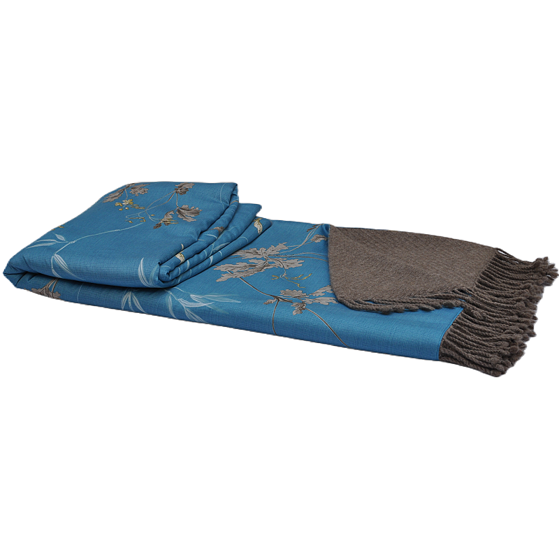 Blue floral bird print silk yak down throw blanket folded view 1, art no THB14071401