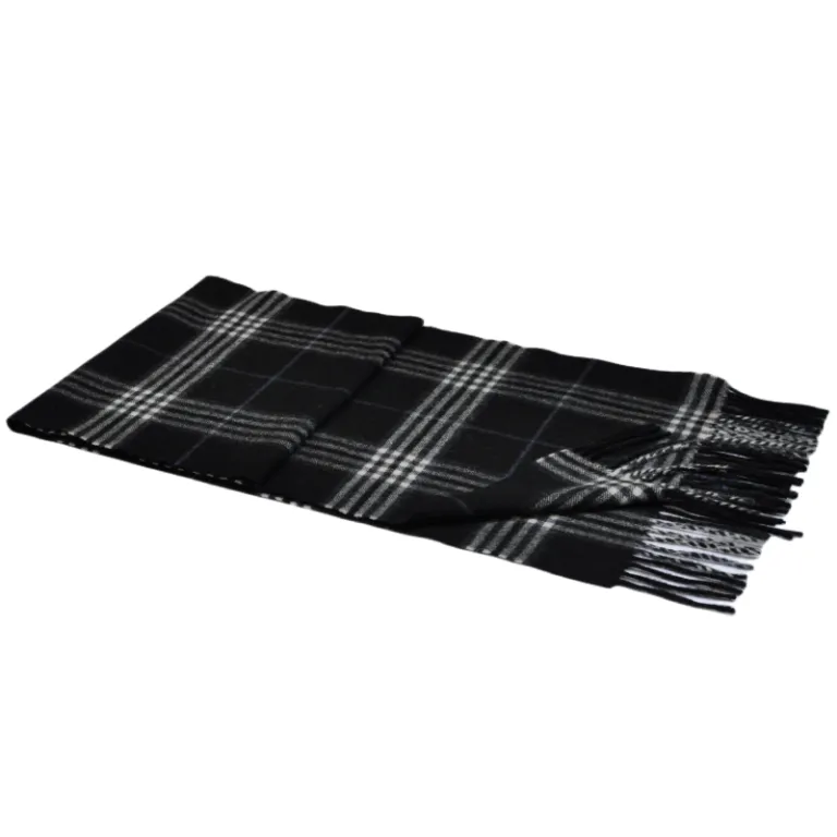 TH2304 Black White Tartan Plaid Wool Cashmere Scarf | Woven Luxury