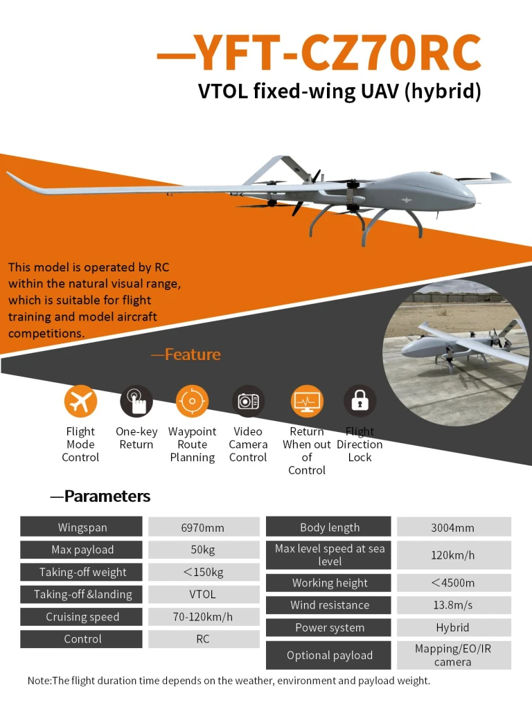 Digital Eagle Fixed Wing VTOL Drone YFT-CZ70RC for Long Range Surveillance Training