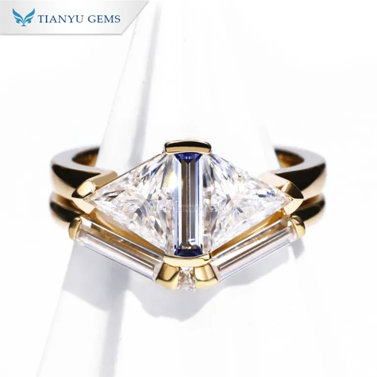 Tianyu Gmes 14K サファイア& トライアングルモアッサナイト結婚 