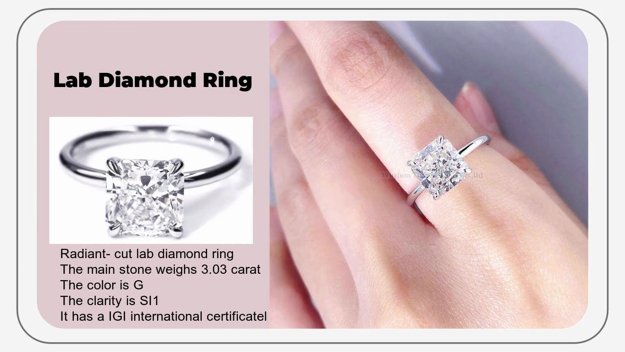 Radiant- cut lab diamond ring.The main stone weighs 3.03 carat.The color is G.The clarity is SI1.It has a IGI international certificatel.Lab Diamond Ring.