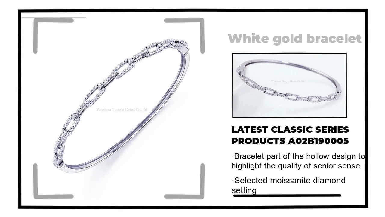 ·Bracelet part of the hollow design to .highlight the quality of senior sense.·Selected moissanite diamond .setting.LATEST CLASSIC SERIES.PRODUCTS A02B190005.White gold bracelet.