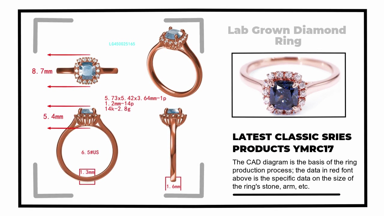 The CAD diagram is the basis of the ring .production process; the data in red font .above is the specific data on the size of .the ring's stone, arm, etc.LATEST CLASSIC SRIES.PRODUCTS YMRC17.Lab Grown Diamond .Ring.