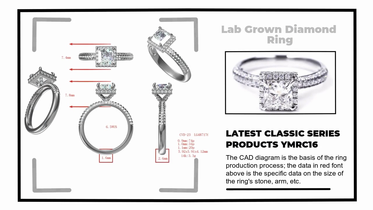 The CAD diagram is the basis of the ring .production process; the data in red font .above is the specific data on the size of .the ring's stone, arm, etc.LATEST CLASSIC SERIES.PRODUCTS YMRC16.Lab Grown Diamond .Ring.