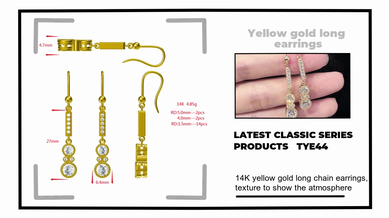 14K yellow gold long chain earrings, .texture to show the atmosphere.LATEST CLASSIC SERIES.PRODUCTS TYE44.Yellow gold long .earrings.