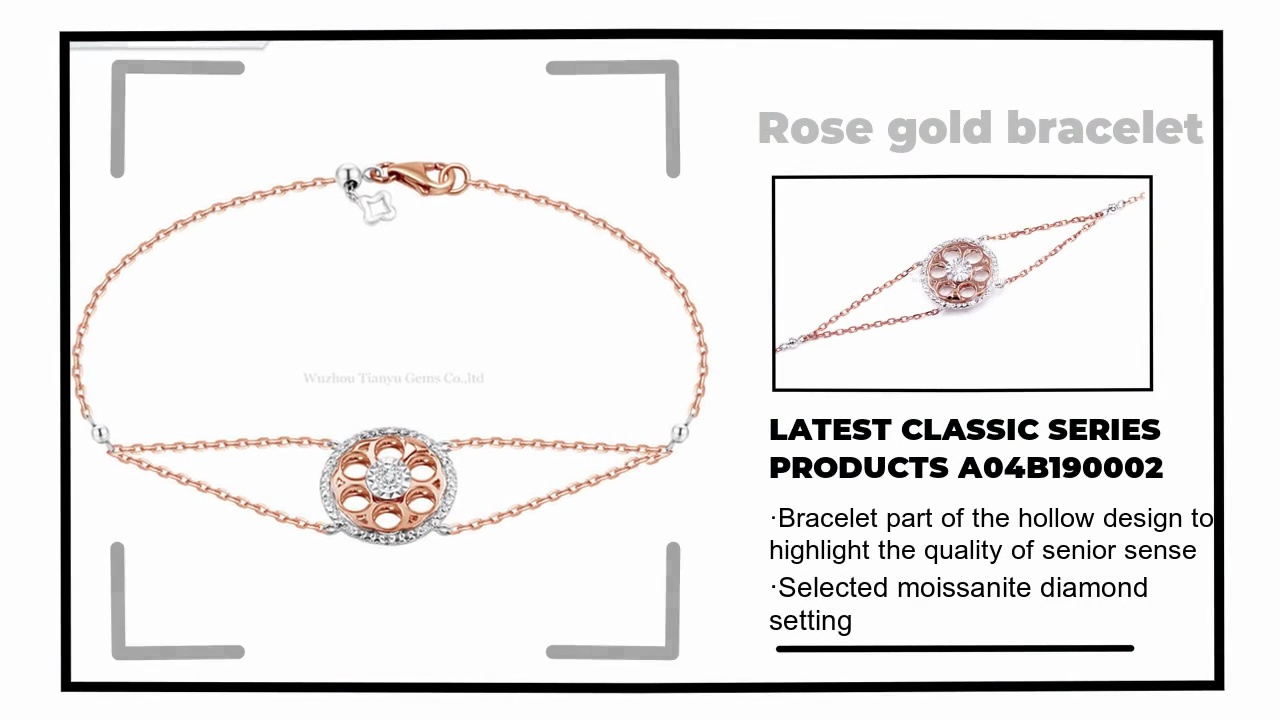 ·Bracelet part of the hollow design to .highlight the quality of senior sense.·Selected moissanite diamond .setting.LATEST CLASSIC SERIES.PRODUCTS A04B190002.Rose gold bracelet.