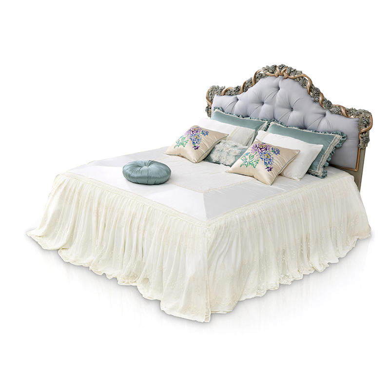 Elegant Rose Hand-Carved Fabric Upholstered Headboard Bed