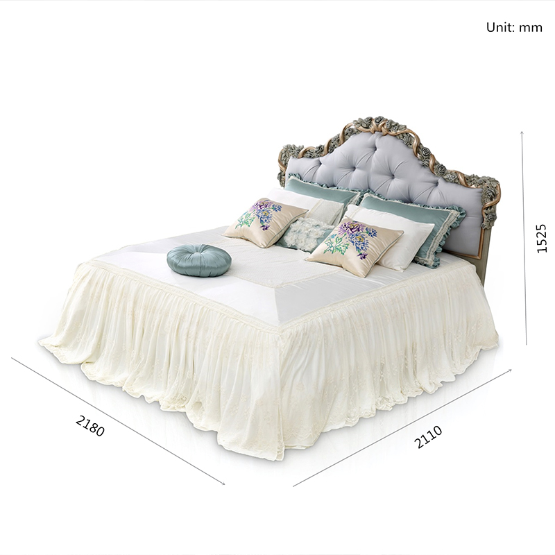 Elegant Rose Hand-Carved Fabric Upholstered Headboard Bed