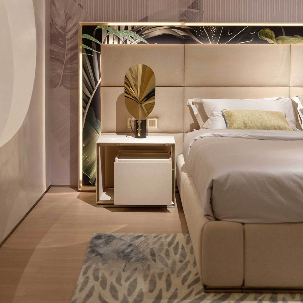 Bespoke Bed with Gold Accents and Nightstands
