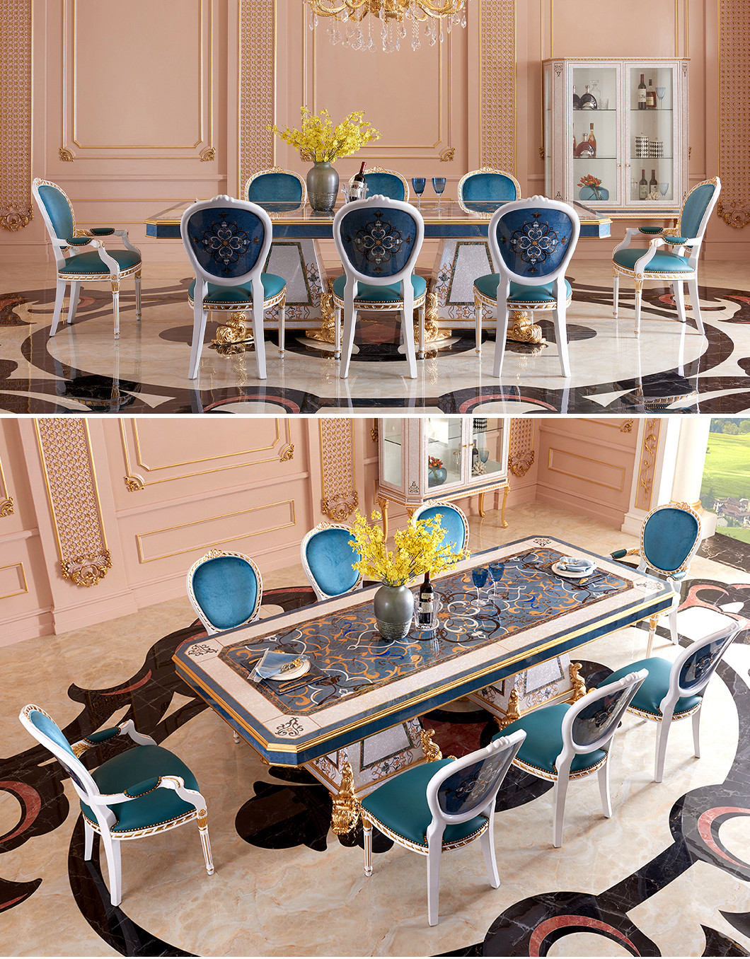Luxury Dining Table Set 10 / 12 / 14 / 16 / 18 Seater Chairs Classic Carved Gold High Gloss Veneer