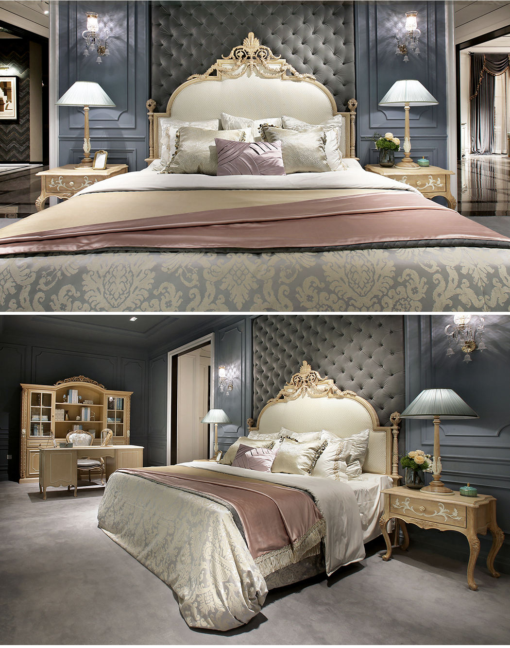 French Luxury Style Off-white and Golden Queen Bed