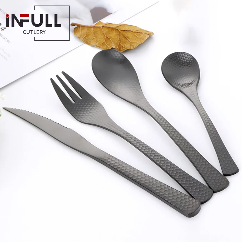 Full Hammered 18/8 Black Cutlery Set Stainless Steel Flatware
