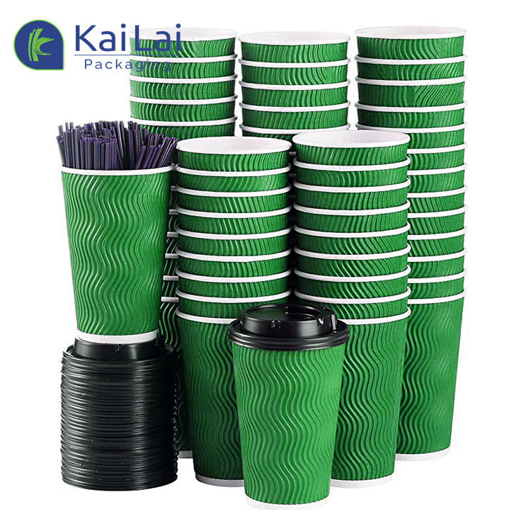 Customized disposable kraft ripple wall paper coffee cups with lid 16oz ...