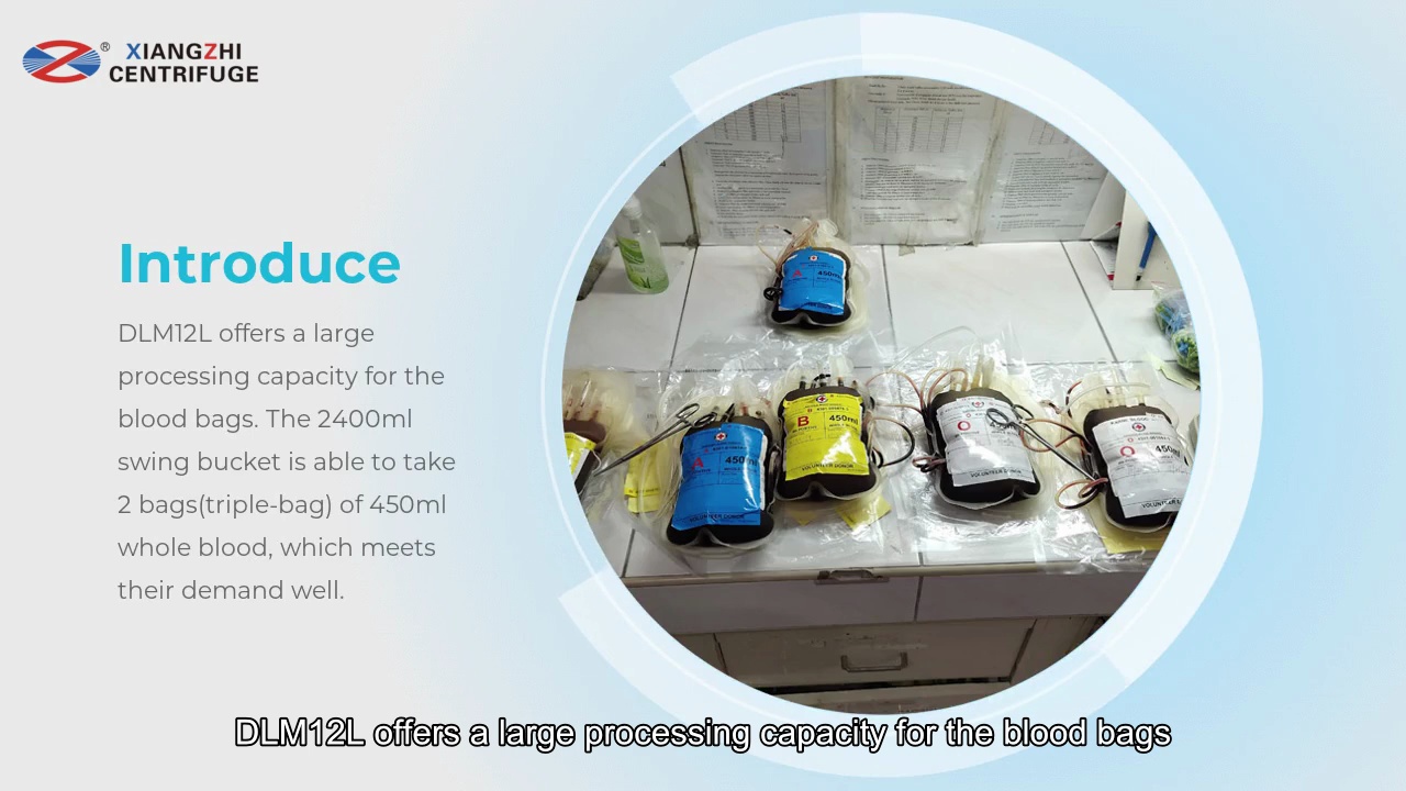 Introduce.DLM12L offers a large .processing capacity for the .blood bags. The 2400ml .swing bucket is able to take .2 bags(triple-bag) of 450ml .whole blood, which meets .their demand well.