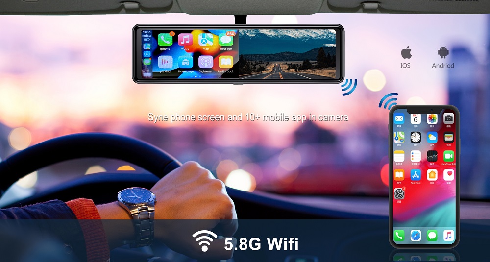 10 pulgadas 4K Car DVR Pantalla táctil con CarPlay / Google Auto Lente dual Grabadora de video Espejo retrovisor Dash - Gaminol