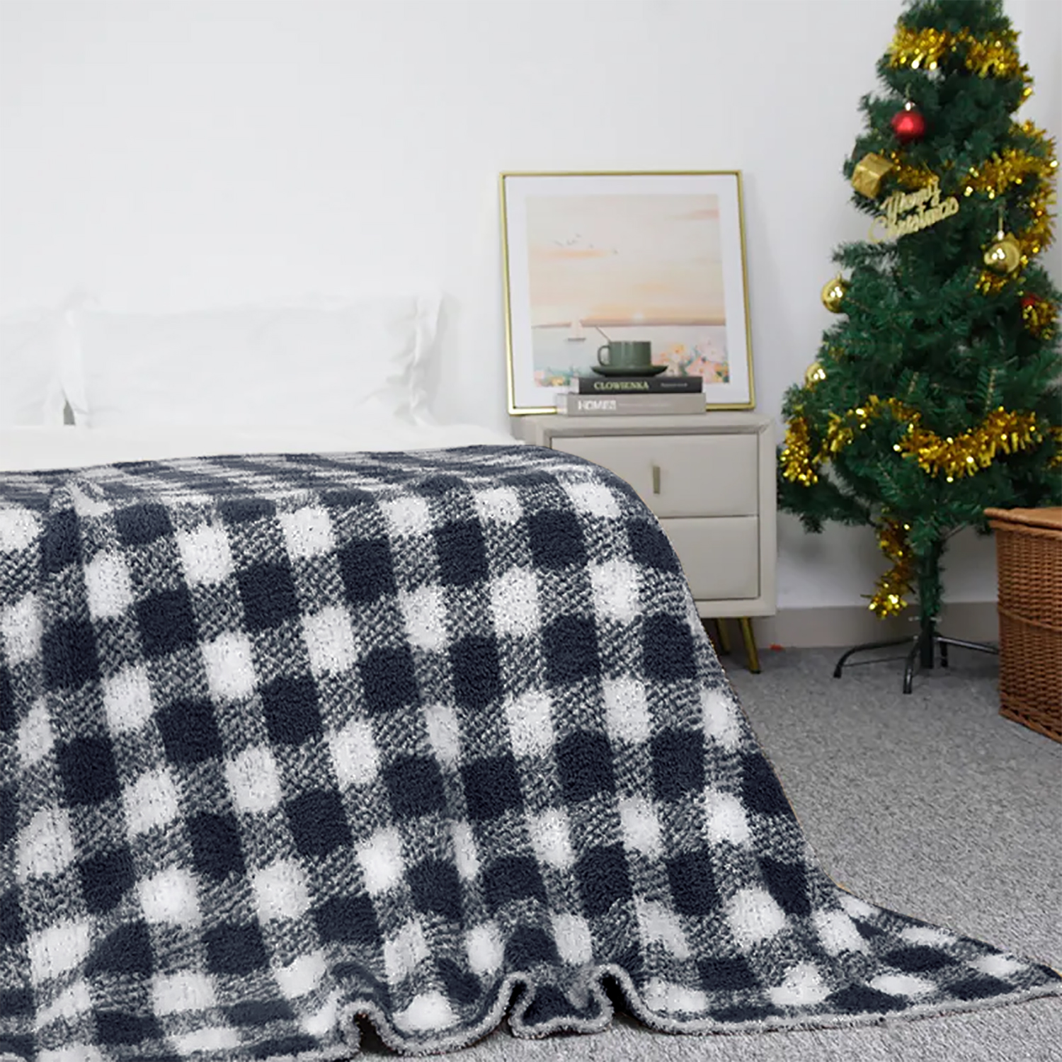  Quality Wholesale manufacturer 100% polyester feather yarn knitted throw blanket with plaids prints for sofa home decor Manufacturer | Dalston 
