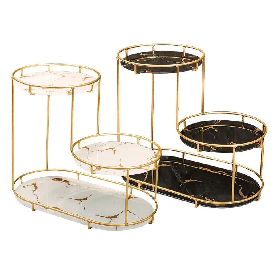 Two tiered marble stand with gold frame tiered tray GoldtopFurniture