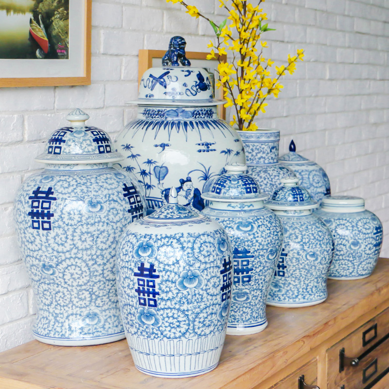 Double Happiness Blue and White Temple Porcelain Ceramic Ginger