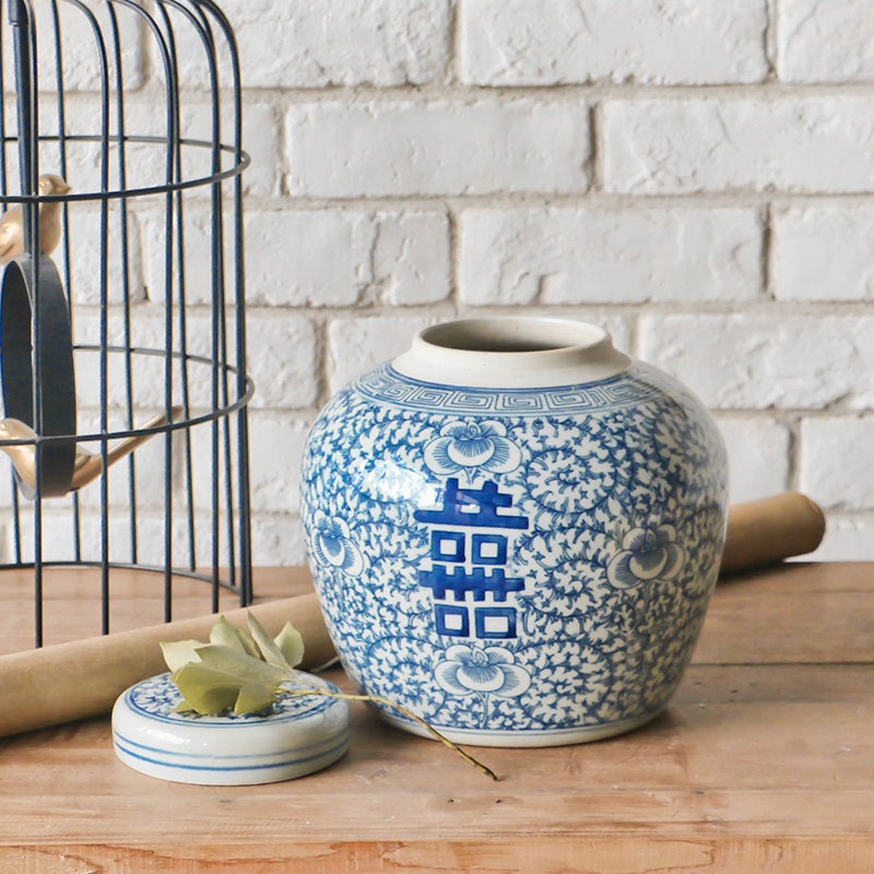 Double Happiness Blue and White Temple Porcelain Ceramic Ginger