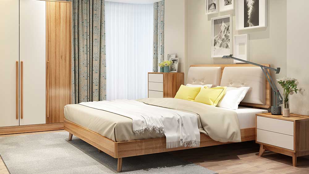 Moderni Cubiculum Double Bed solid Wood Bed