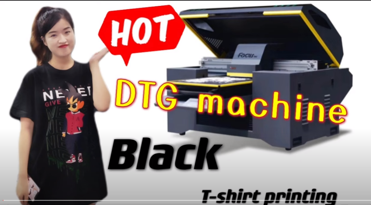 Focus A2 size DTG printer with two print epson 4720 printing black T-shirts