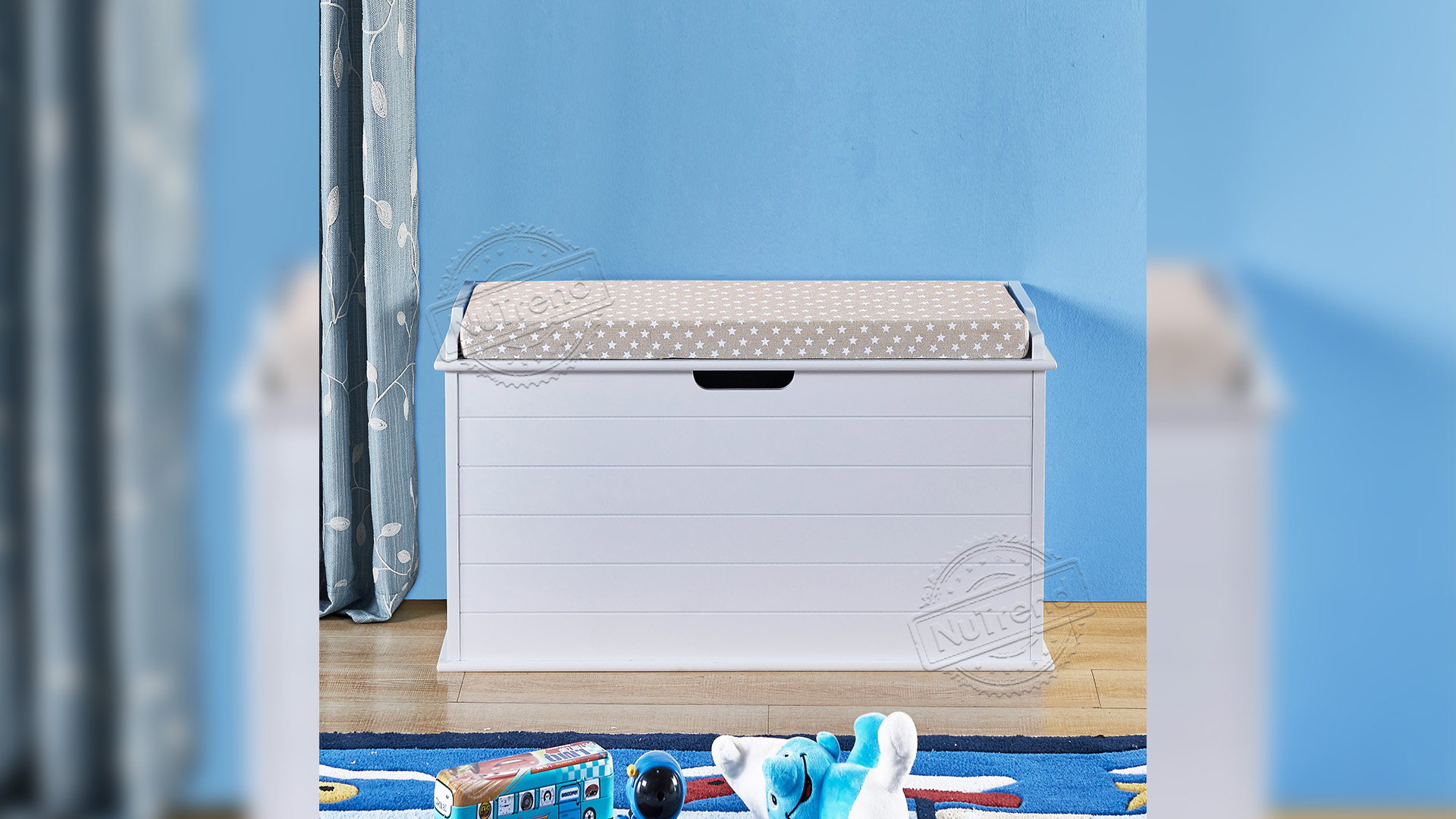 Almacenamiento de cajas de juguete de niños modernos de madera blanca con cojín para niños muebles 702006