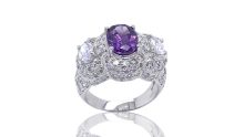 Rhodium plated purple zircon three stone engagement rings